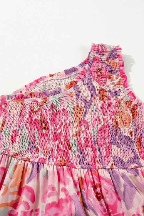 Pink Abstract Floral Print Shirred One Shoulder Maxi Dress